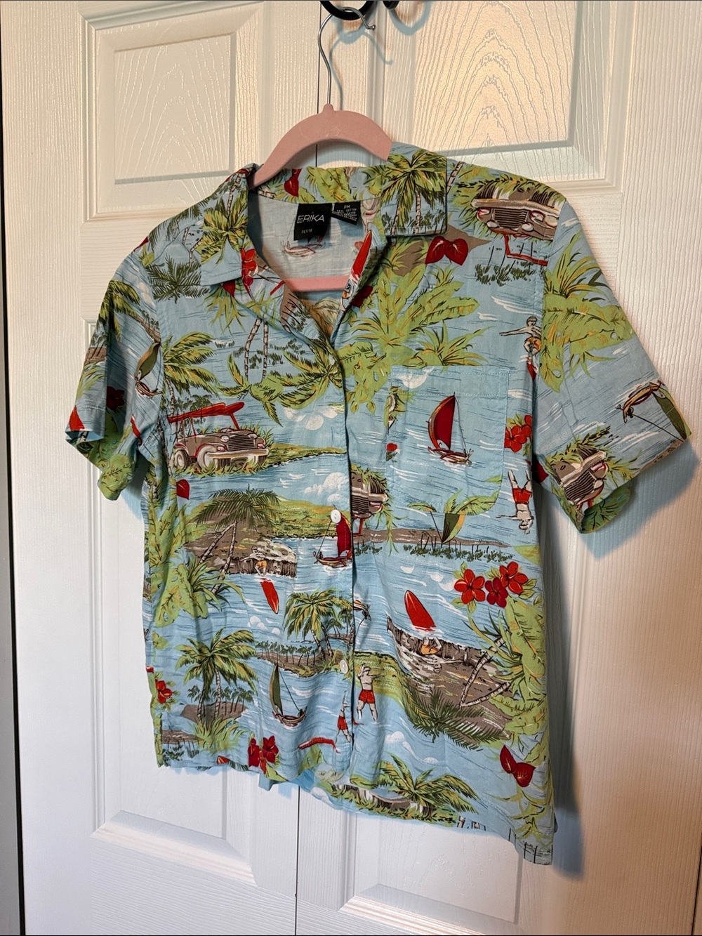 Erika Light Blue Tropical Print Button-Down Shirt with Red Accents